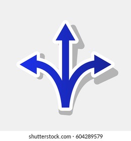 Three-way direction arrow sign. Vector. New year bluish icon with outside stroke and gray shadow on light gray background.