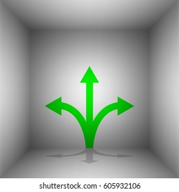 Three-way direction arrow sign. Vector. Green icon with shadow in the room.