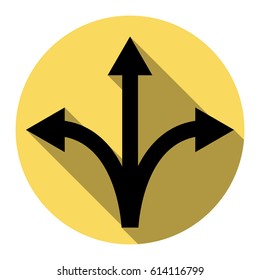 Three-way direction arrow sign. Vector. Flat black icon with flat shadow on royal yellow circle with white background. Isolated.
