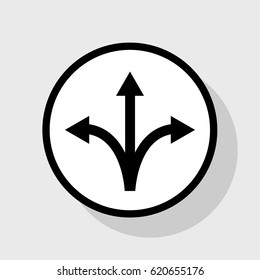Three-way direction arrow sign. Vector. Flat black icon in white circle with shadow at gray background.