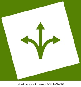 Three-way direction arrow sign. Vector. White icon obtained as a result of subtraction rotated square and path. Avocado background.