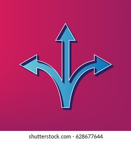 Three-way direction arrow sign. Vector. Blue 3d printed icon on magenta background.
