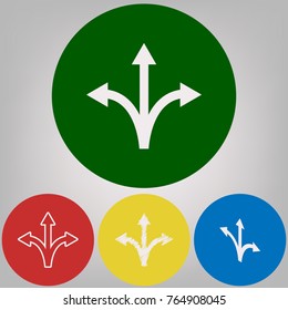 Three-way direction arrow sign. Vector. 4 white styles of icon at 4 colored circles on light gray background.