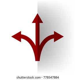 Three-way direction arrow sign. Vector. Bordo icon on white bending paper background.