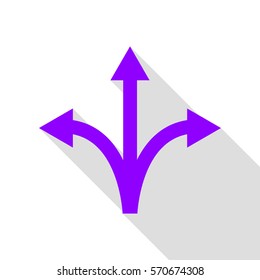 Three-way direction arrow sign. Violet icon with flat style shadow path.