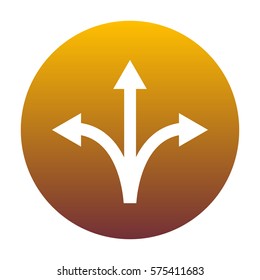 Three-way direction arrow sign. White icon in circle with golden gradient as background. Isolated.