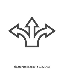 Three-Way Direction Arrow Thin Line Vector Icon. Flat icon isolated on the white background. Editable EPS file. Vector illustration.