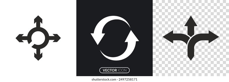 Three-way direction arrows, Black rotation arrow icon set. Roundabout sign, Circle arrow, Rotation arrow Symbol icon. vector illustration.
