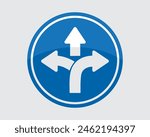 Three-way direction arrows, vector illustration. Symbol, way, road, warning, choice, board, crossroad, highway, caution, traffic, roadsign. Can use for infographic, banner, poster, web design.