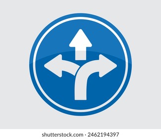 Three-way direction arrows, vector illustration. Symbol, way, road, warning, choice, board, crossroad, highway, caution, traffic, roadsign. Can use for infographic, banner, poster, web design.