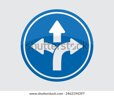 Three-way direction arrows, vector illustration. Symbol, way, road, warning, choice, board, crossroad, highway, caution, traffic, roadsign. Can use for infographic, banner, poster, web design.