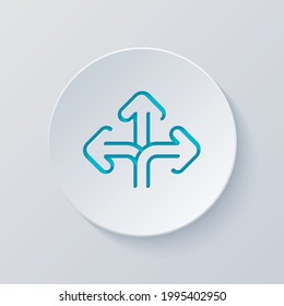 Three-way direction, make a choice, 3 arrows pointing in different directions, simple icon. Cut circle with gray and blue layers. Paper style