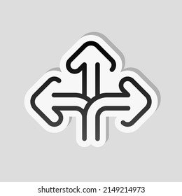 Three-way direction, make a choice, 3 arrows pointing in different directions, simple icon. Linear sticker, white border and simple shadow on gray background