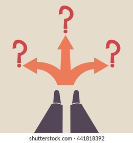 Three-way direction orange arrows. Standing at the crossroad. Three ways for selection.