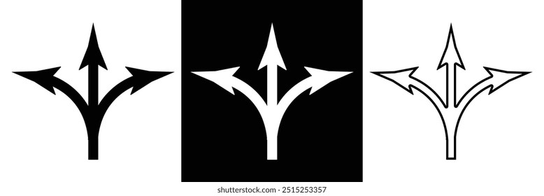 Three-way direction red arrow icon. Abstract three head arrows silhouette. Road direction icon. Vector illustration in eps 10.