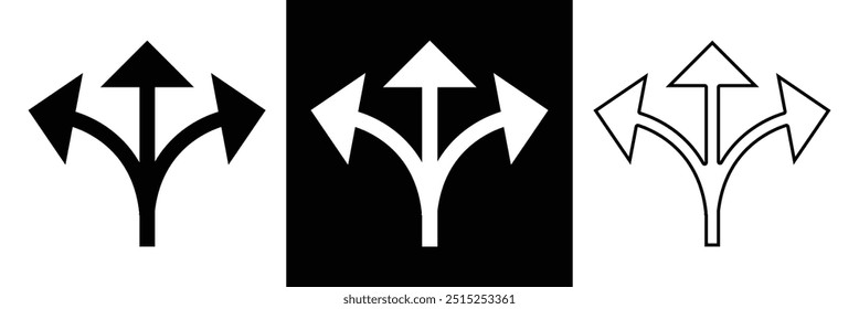 Three-way direction red arrow icon. Abstract three head arrows silhouette. Road direction icon. Vector illustration in eps 10.