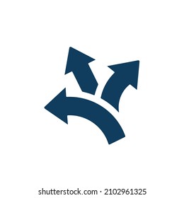 Three-way directional arrow in blue style on white background
