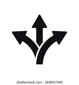 Three-way directional arrow in flat style. Vector illustration. Road direction icon isolated. Vector icon of branching three arrows.