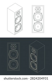 Three-way hifi loudspeaker system blueprints, stylized vector illustrations