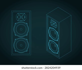 Three-way hifi loudspeaker system blueprints, stylized vector illustration