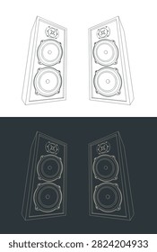 Three-way hifi loudspeaker system technical drawings, stylized vector illustrations