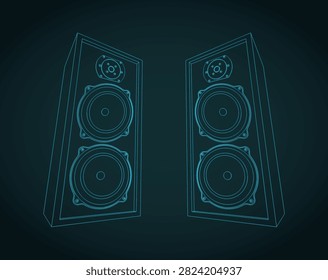 Three-way hifi loudspeaker system technical drawings, stylized vector illustration