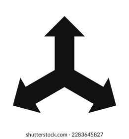 Icono de flechas hacia afuera hacia tres direcciones. Un símbolo hecho de un trío de formas de flecha negra. Aislado sobre un fondo blanco.