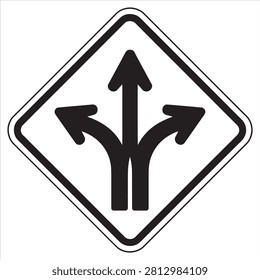 Three-way traffic direction sign with upward split arrows
