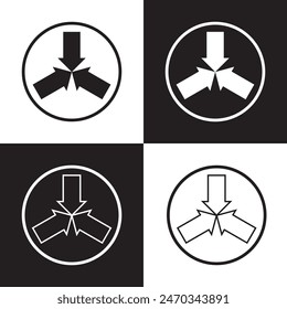 Three-way, two-way or one -way inward or outward pointing mini arrows. A symbol made from a trio of small black arrow shapes. Isolated on a white and black background.  EPS 10