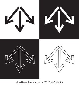Mini flechas tridireccionales, bidireccionales o unidireccionales hacia dentro o hacia fuera. Símbolo hecho de un trío de Pequeñas Formas de flecha negra. Aislado sobre un fondo blanco y negro.  EPS 10