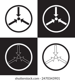 Three-way, two-way or one -way inward or outward pointing mini arrows. A symbol made from a trio of small black arrow shapes. Isolated on a white and black background.  EPS 10