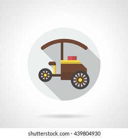 Three-wheeled cart with umbrella, long shadow design. Mobile shop for street sales food, desserts and beverages for festivals. Round flat color style vector icon. 