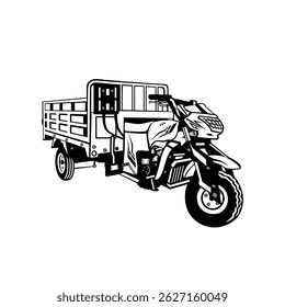three-wheeled goods transport motorcycle right side front view black and white line art