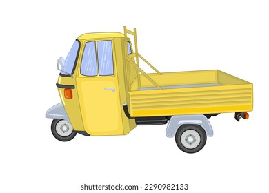 Three-wheeled vehicle. Delivery yellow tricycle car. Retro motorbike for cargo transportation. Vintage small truck.Tiny lorry.City shipping or transporter service.Compact urban van.Vector illustration