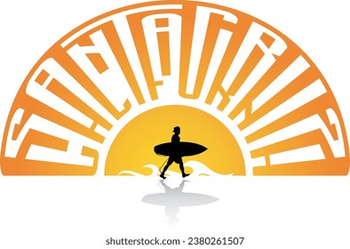 Three-word monogram "Santa Cruz California" formed in an arc that looks like a sunset with a surfer in the foreground