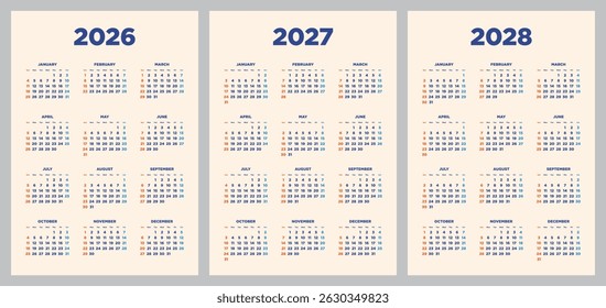 Three-year calendar from 2026 to 2028, vertical design