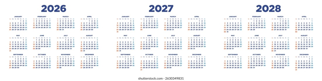 Three-year calendar for 2026-2028, horizontal design