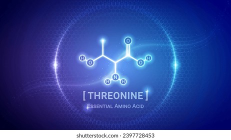 Threonin, Amino-Säure-chemische Struktur, organischer Stoff, Molekül, Chemie, Biologie, Medizin, futuristischer Hologramm-Neon-glänzender Hintergrund-Illustration