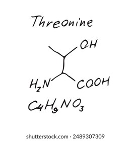 Threonine C4H9NO3 molecule formula. Hand drawn imitation of threonine structural model, chemistry skeletal formula, sketchy vector symbol