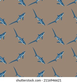 Thresher shark seamless pattern in scandinavian style. Marine animals background. Vector illustration for children funny textile prints, fabric, banners, backdrops and wallpapers.