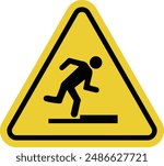 Threshold sign, curb. Obstacle sign. Sign stumble. Presence of obstacles along way that could cause trips and falls. Use caution when crossing a threshold or curb. Warning yellow triangular road sign.