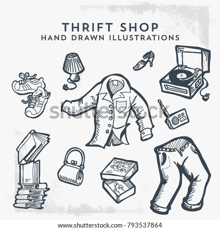 Thrift Shop Hand Drawn Illustrations. Flea market, Garage Sale and Second Hand Items.