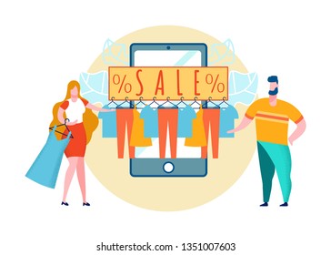 Thrift Shop Sales Cartoon Vector Illustration. Friends Shopping Together. Clothes Lowest Price Deal. Special Offers in Smartphone App, Website. Selection of Dresses. Assortment of Jeans on Hangers