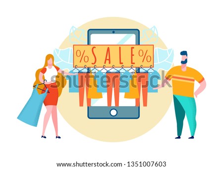 Thrift Shop Sales Cartoon Vector Illustration. Friends Shopping Together. Clothes Lowest Price Deal. Special Offers in Smartphone App, Website. Selection of Dresses. Assortment of Jeans on Hangers