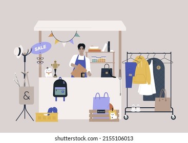 A Thrift Shopping Concept, A Sunday Market Stand With Used Clothes And Accessories