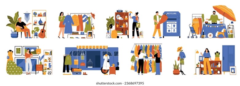 Thrift shopping flat set of people selling and buying used items and second hand clothes isolated vector illustration