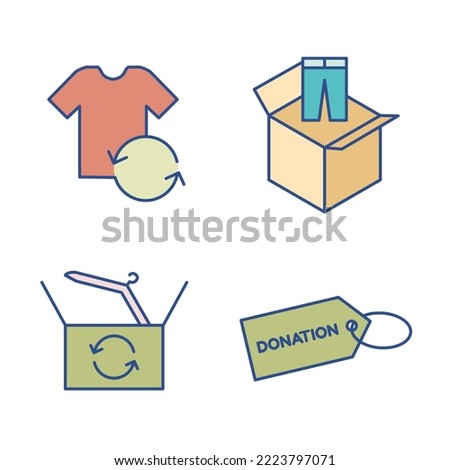 Thrifted clothes icon set, secondhand fashion store concept, clothing donation vector icons, reusable textile emblems, cloth donation symbols isolated on white background