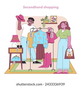 Thrifty shopping delight. Joyful shoppers browse through a colorful selection of secondhand clothing, finding unique pieces and vintage gems. Sustainable style adventure. Vector illustration.