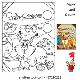Thrifty squirrel. Education counting game for children. Coloring book. Cartoon vector illustration