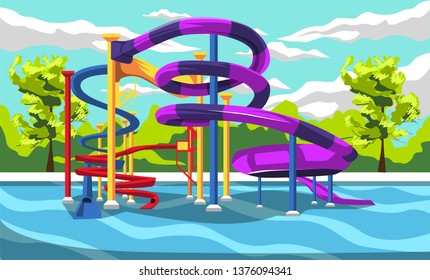 Thrill Waterpark Playground Resort For Kids With Slides And Green Panorama For Cartoon Vector Outdoor Design Ideas